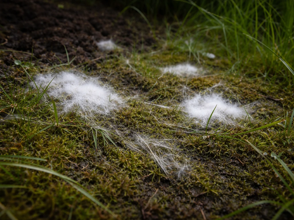 Close-up van witte, pluizige schimmel op een natte viltige moslaag in een schaduwrijk stukje gazon
