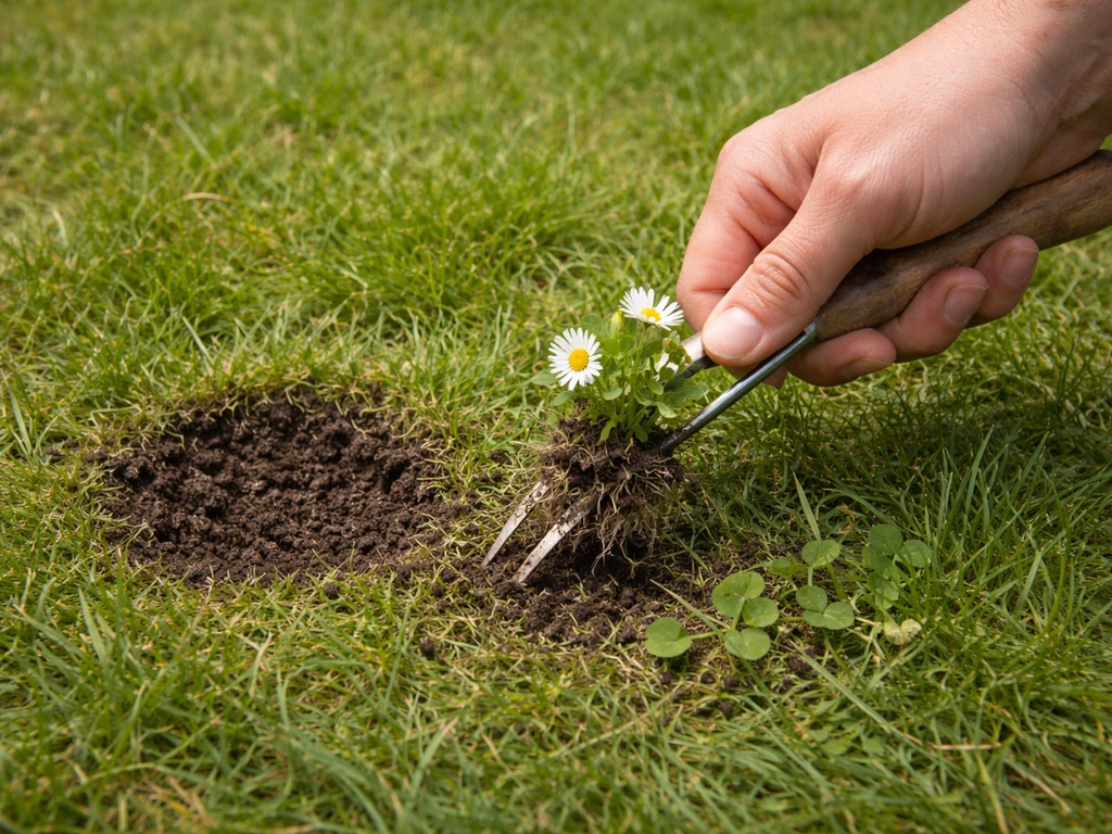Hand (anoniem) steekt madeliefje/klaver met onkruidsteker uit; klein plantgat netjes gevuld, gras eromheen.
