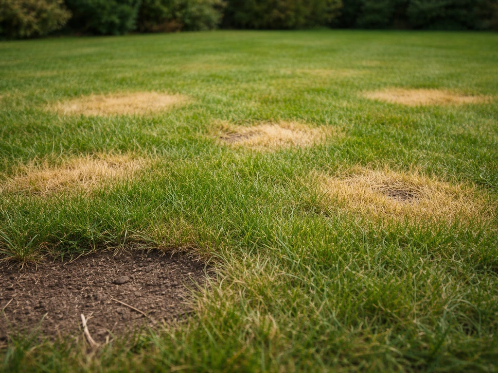 Gazon met een paar lichtgele brandplekken, een kleine kale plek vooraan en vers groen herstel op de achtergrond.