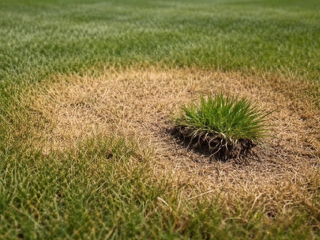 Close-up van een gazon met brandplekken: gras van grijsgroen naar strogeel en bruin, met een pluk gras en wortelgedeelte
