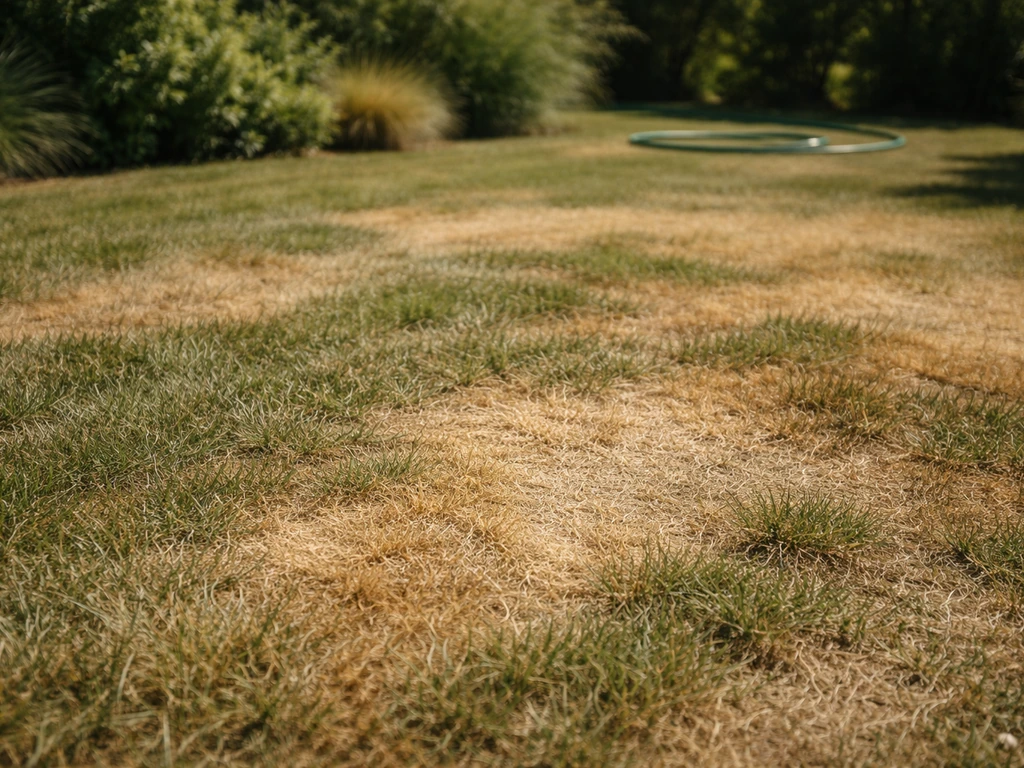 Uitgedroogd gazon in hitte met zichtbare stressplekken en een beregeningsslang op de achtergrond