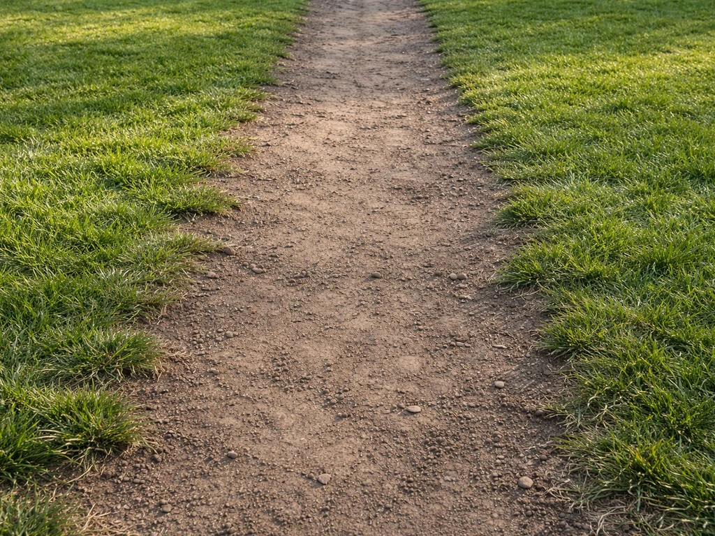 Tuinpad/loopzone met verdichte aarde en kale plekken door intensief gebruik, met verschil tussen betreden en niet-betred