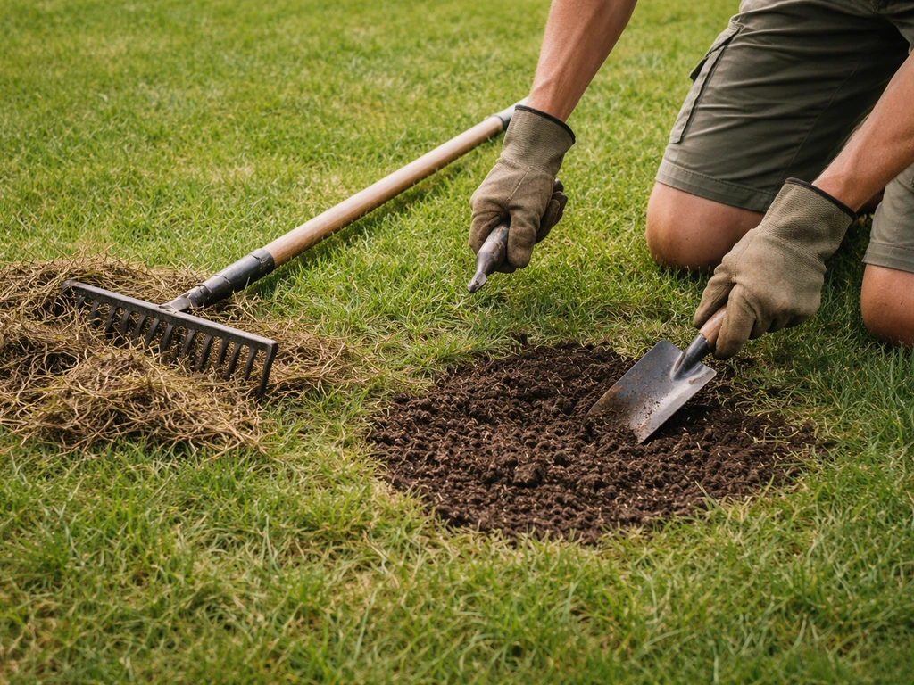 Handen met verticuteerhark en schep verwijderen dode grasresten en maken grond klaar om door te zaaien