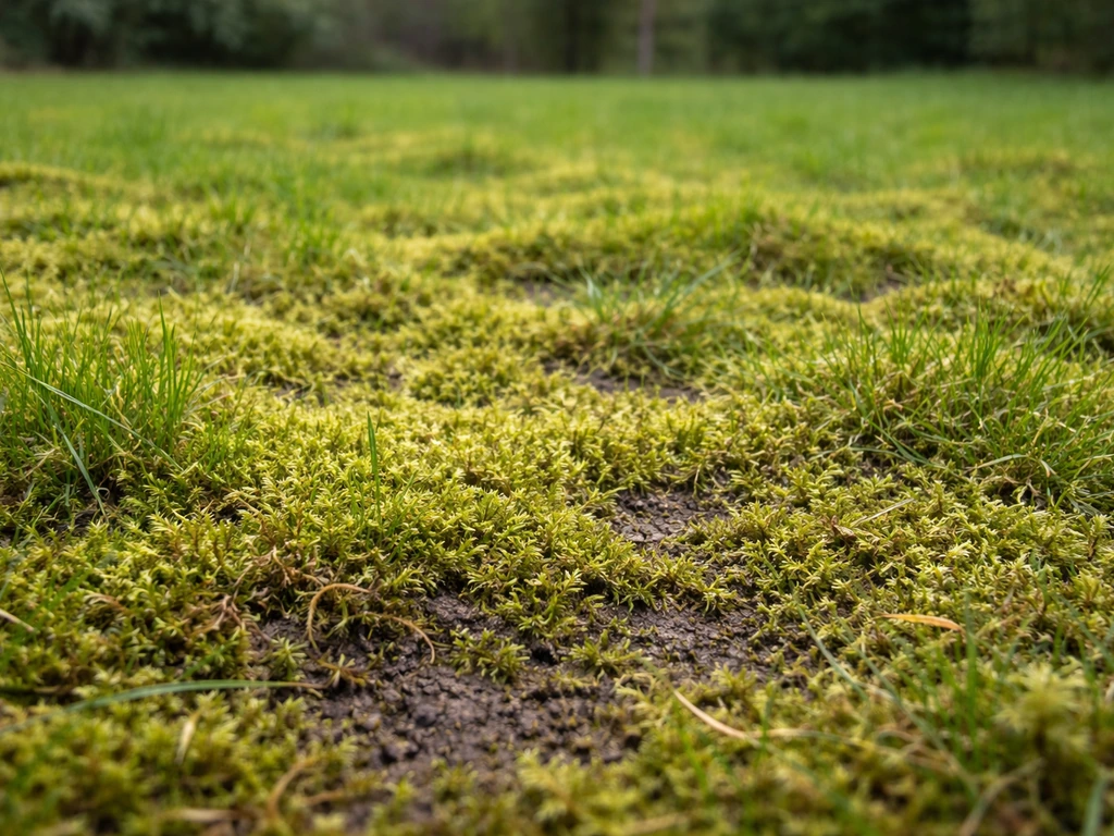 Close-up van een gazon met een platte, sponsachtige moslaag die het gras verdringt.