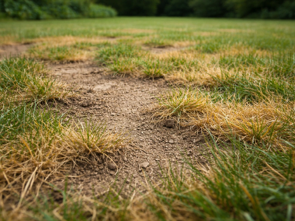 Kale plekken en gele vlekken op een gazon, met duidelijk beschadigd gras en afstekende gele zones.