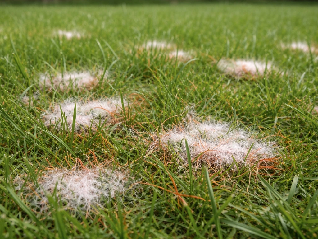 Close-up van een gazon met witachtige schimmelvlekken met roze rand en rood/oranje draadjes in het gras.