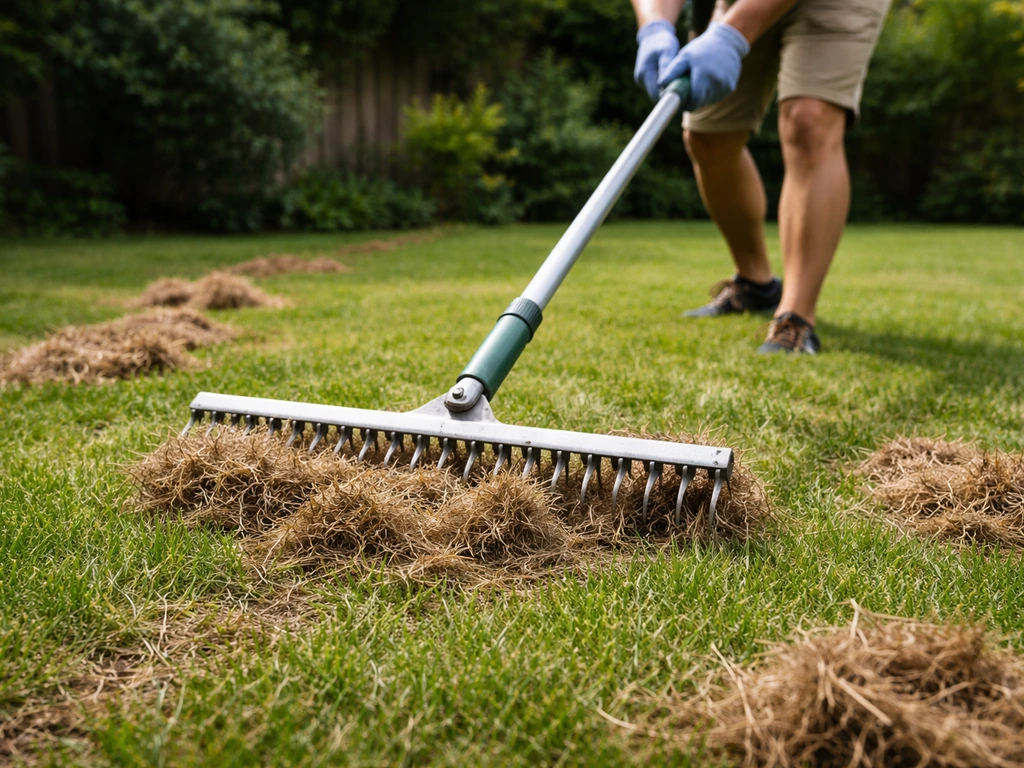 Tuinman die met verticuteerhark viltlaag van een gazon haalt, met losgekomen vilt zichtbaar.