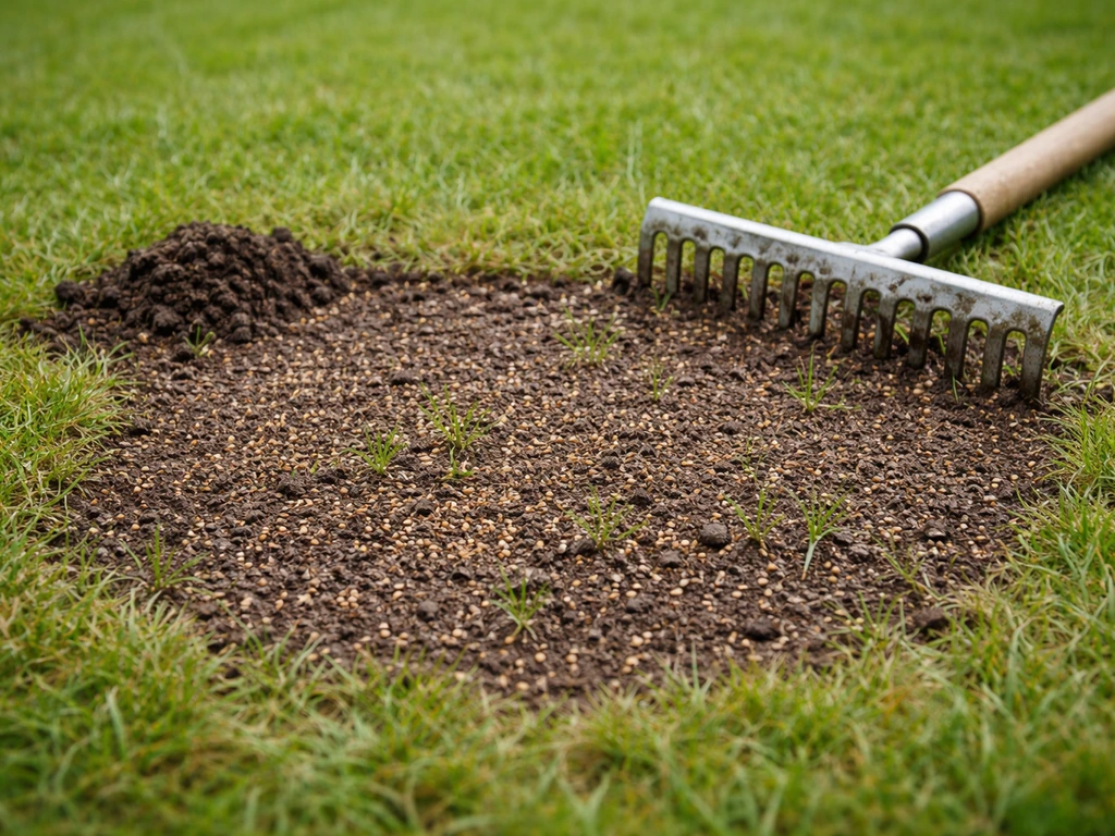 Tuin na kale plekken herstellen: grond met ingezaaid graszaad en een hark, nieuw graspriemen in de achtergrond.