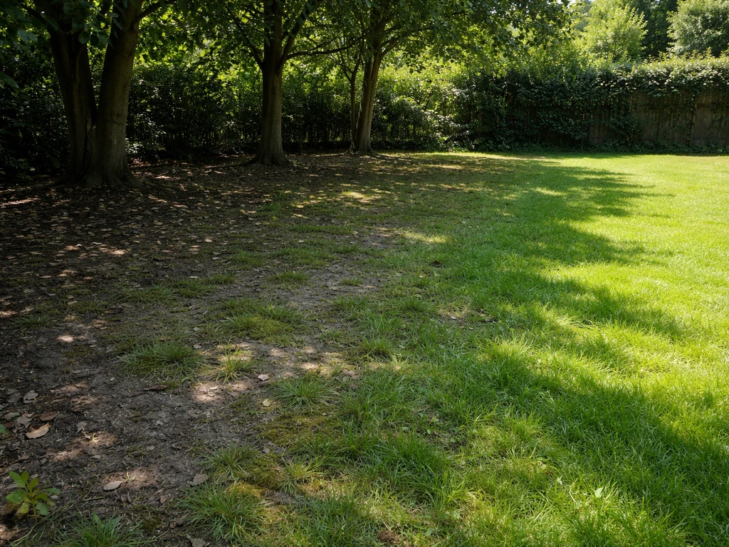 Schaduwrijke tuinplek onder bomen met schraal, ongelijk gras, tegenover een zonnige rand met dichter gras