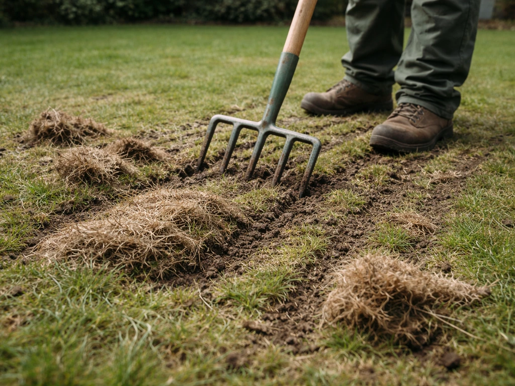Tuinier prikt de grasmat open met een beluchtingshark; losse viltresten liggen zichtbaar op de grond.