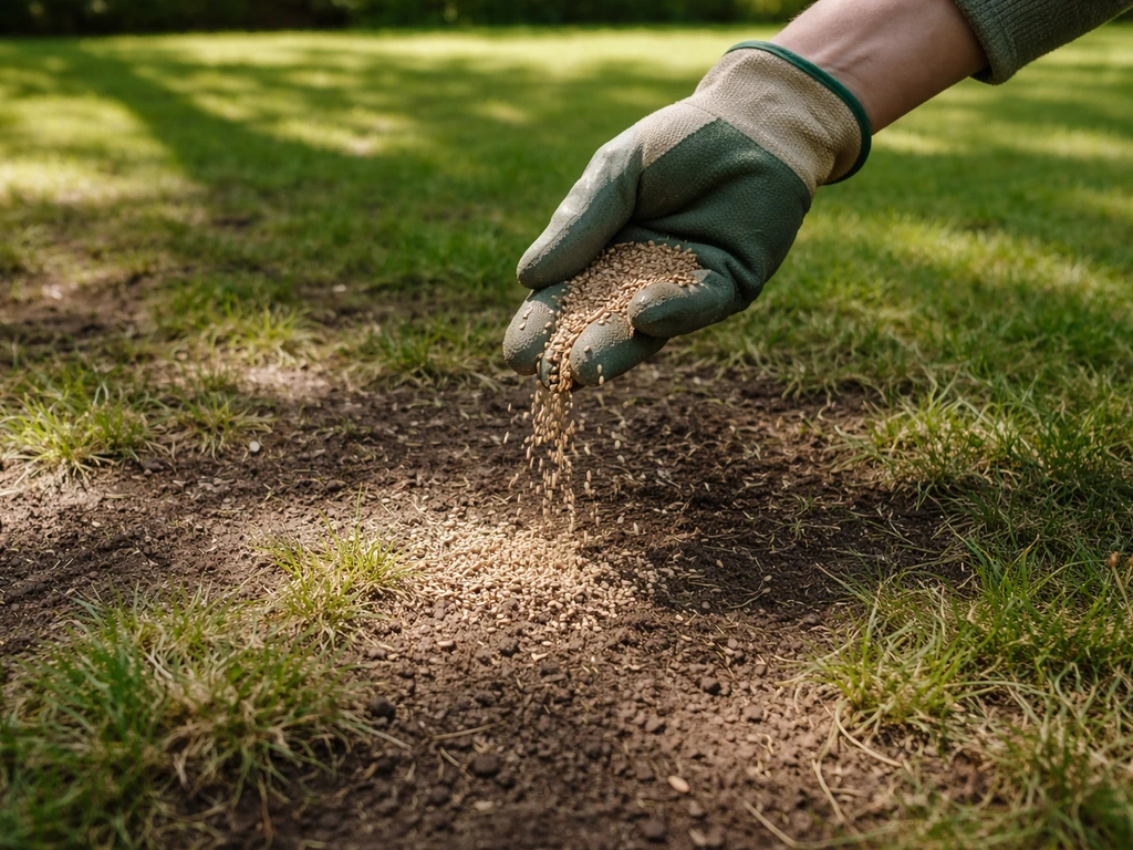 Hand strooit graszaad in een schaduwrijke tuin over kale plekken; gelijkmatig zaaien zichtbaar.