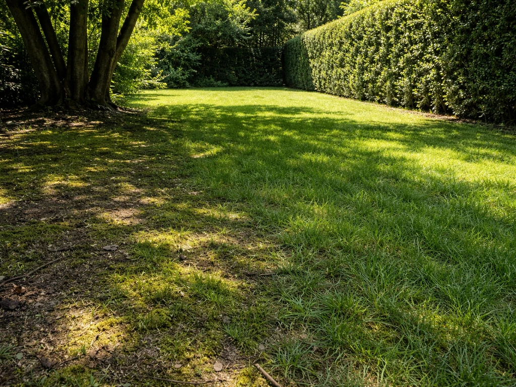 Schaduwhoek van een Nederlands gazon met dunner gras onder bomen en wat mos naast een heg