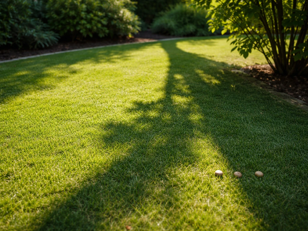 Tuin met duidelijke lichte schaduwstroken op het gras, zichtbaar verschil tussen volle zon en halfschaduw