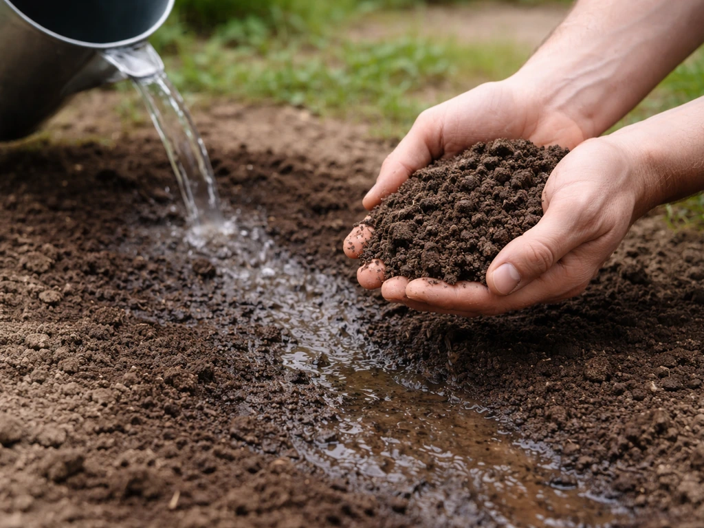 Handen met handvol aarde; water stroomt van kale bodemplek, beoordeling van drainage en bodemstructuur.