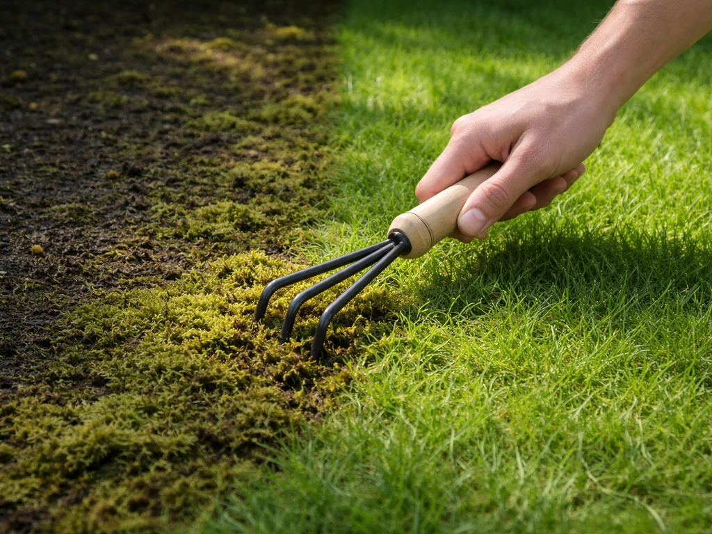 Mos groeit aan de schaduwrand van het gazon; daarnaast gezond gras en een hand die het mos losmaakt.