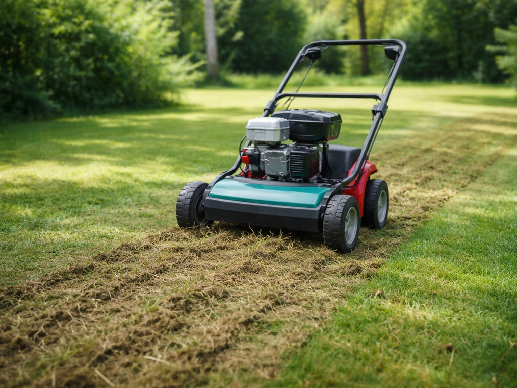 Beluchtings- of verticuteermachine bewerkt het gazon met opengewerkte grasmat in de schaduw