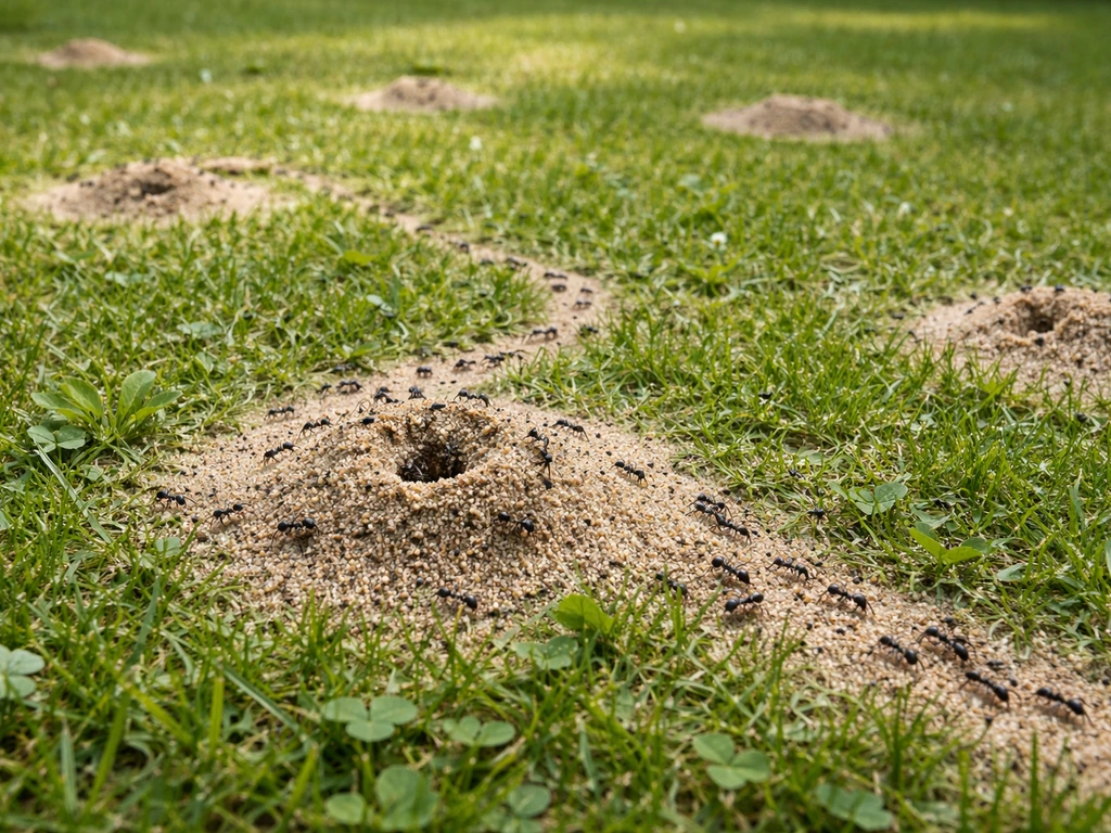 Bovenaanzicht van een Nederlands gazon met mierenhoopjes en mieren die actief over het gras lopen.