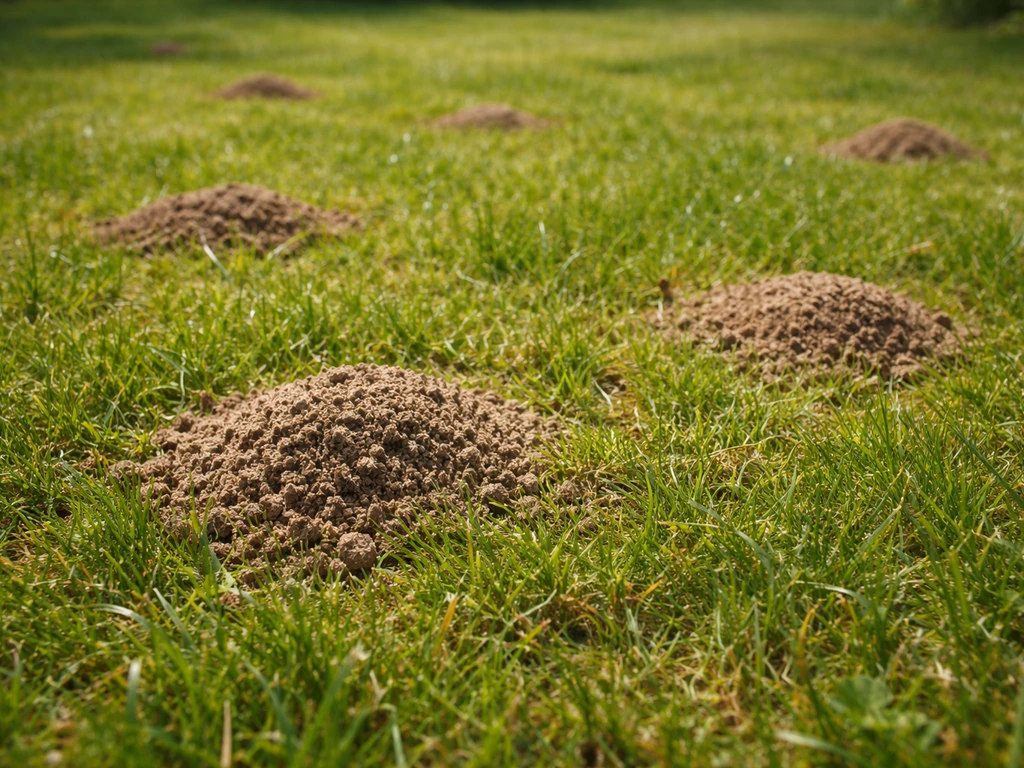 Close-up van gras met kleine zandhoopjes en aardkruimels die wijzen op mierenactiviteit.