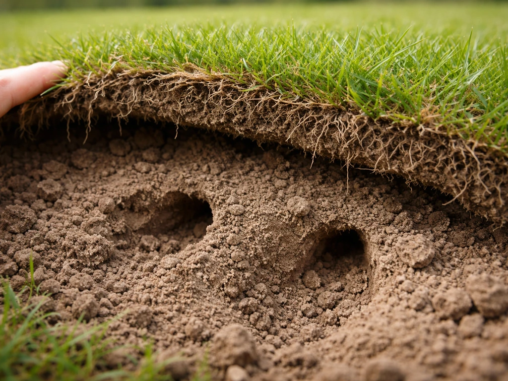 Close-up van opgelichte graszode met warme, losse en luchtige bodem onder de zode als nestlocatie.