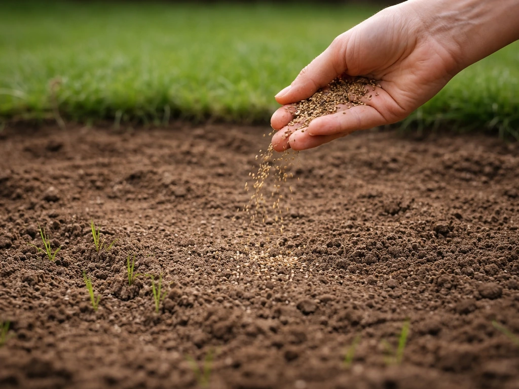 Hand schudt graszaad in een kale plek, net los geharkte grond en jonge sprietjes zichtbaar