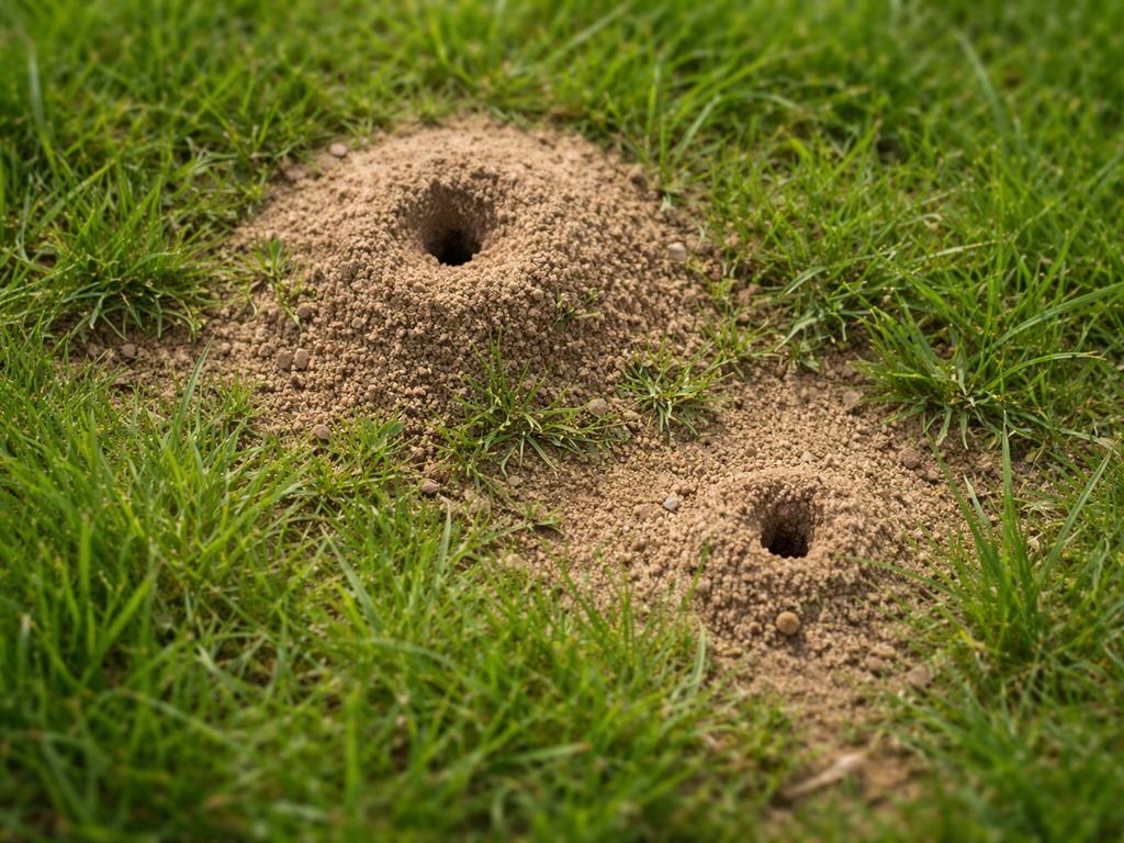 Bovenaanzicht van een gazon met kleine mierenheuveltjes onder het gras en zichtbare ingangen in de bodem.