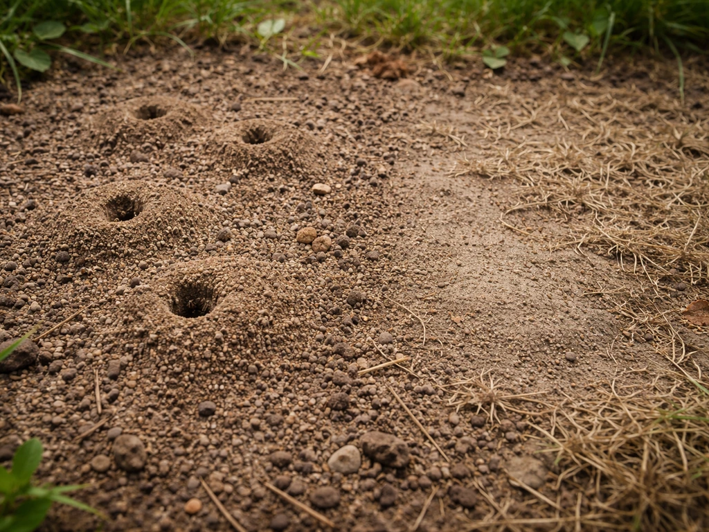 Twee plekken in tuinbodem: mierenhoopjes en -ingangen naast een verdichte/kale plek door andere oorzaak.