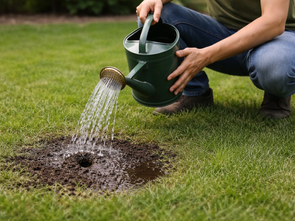 Een persoon giet water op een mierennest in het gazon; de grond rond de opening wordt nat.
