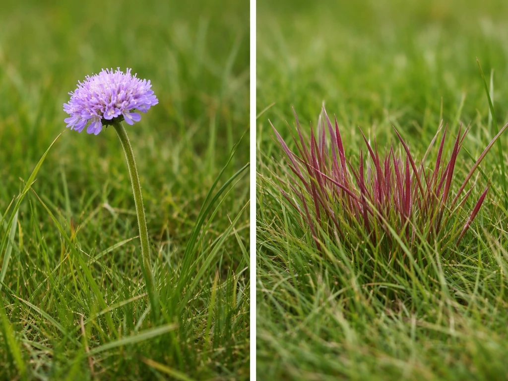 Twee close-ups naast elkaar: paarse bloem met steel en paars verkleurd gras zonder bloemkroon.