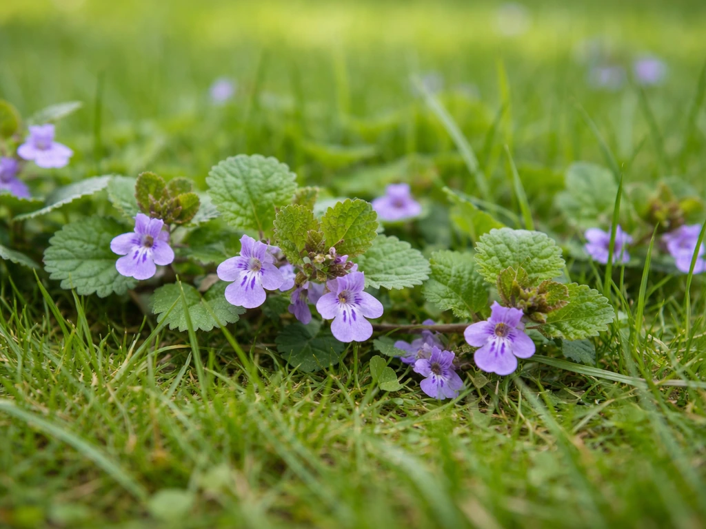Close-up van hondsdraf in een Nederlands gazon met kleine paarse bloemen tussen het gras.