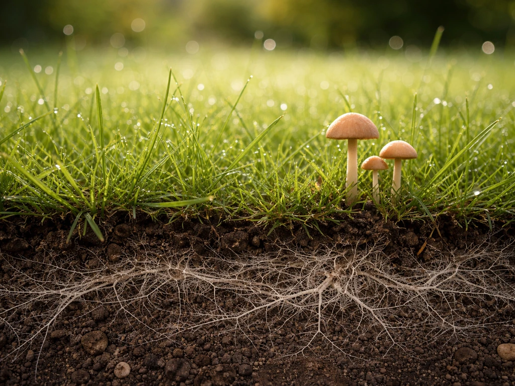 Zacht gras met enkele paddenstoelen, met een subtiele doorsnede die myceliumnetwerken onder de grond toont.