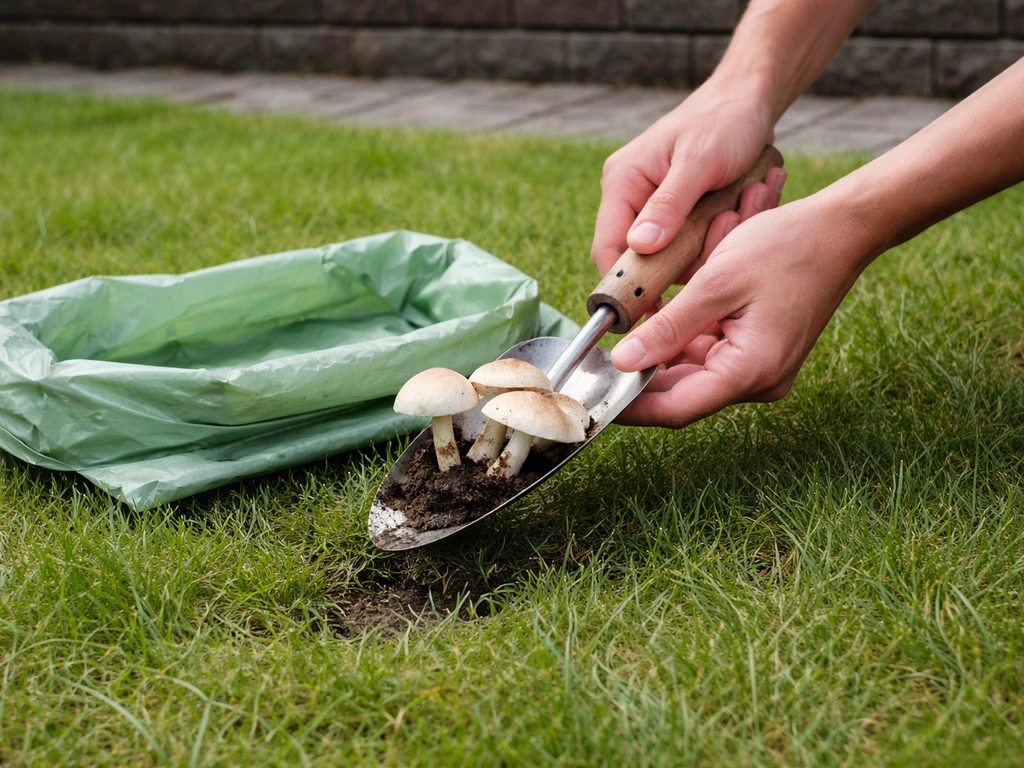 Iemand verwijdert paddenstoelen uit het gazon met een kleine tuinschop, paddenstoelresten in een afvalzak.