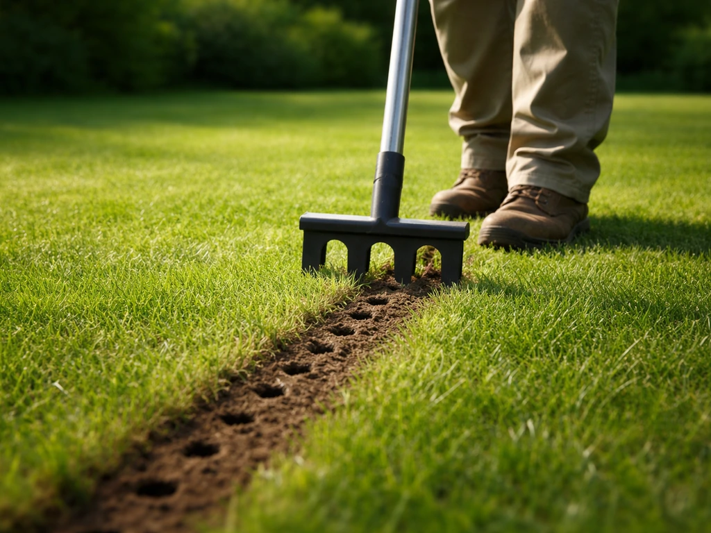 Tuinier belucht een gazon met een verticale holle-pennenbeluchter, met zichtbare geprikte gaatjes.
