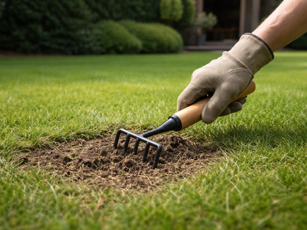 Hand die gras en toplaag losharkt voor beluchten/topdressen in een groen gazon, zonder tekst