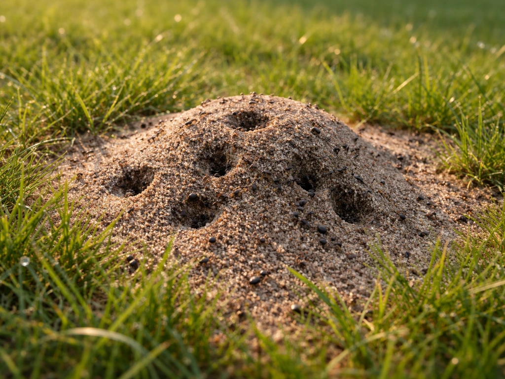 Close-up van een mierenhoop in een NL-gazon met zandbultjes tussen groen gras