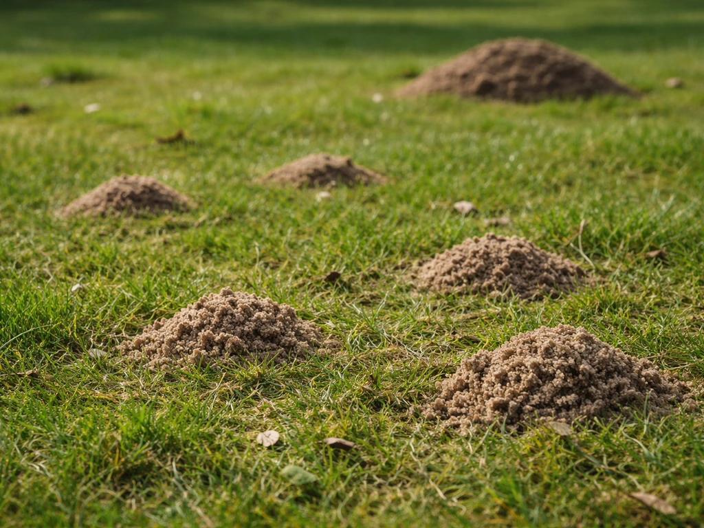 Close-up van kleine zandbultjes in het gras, met vaag een grotere hoop op de achtergrond voor vergelijking.