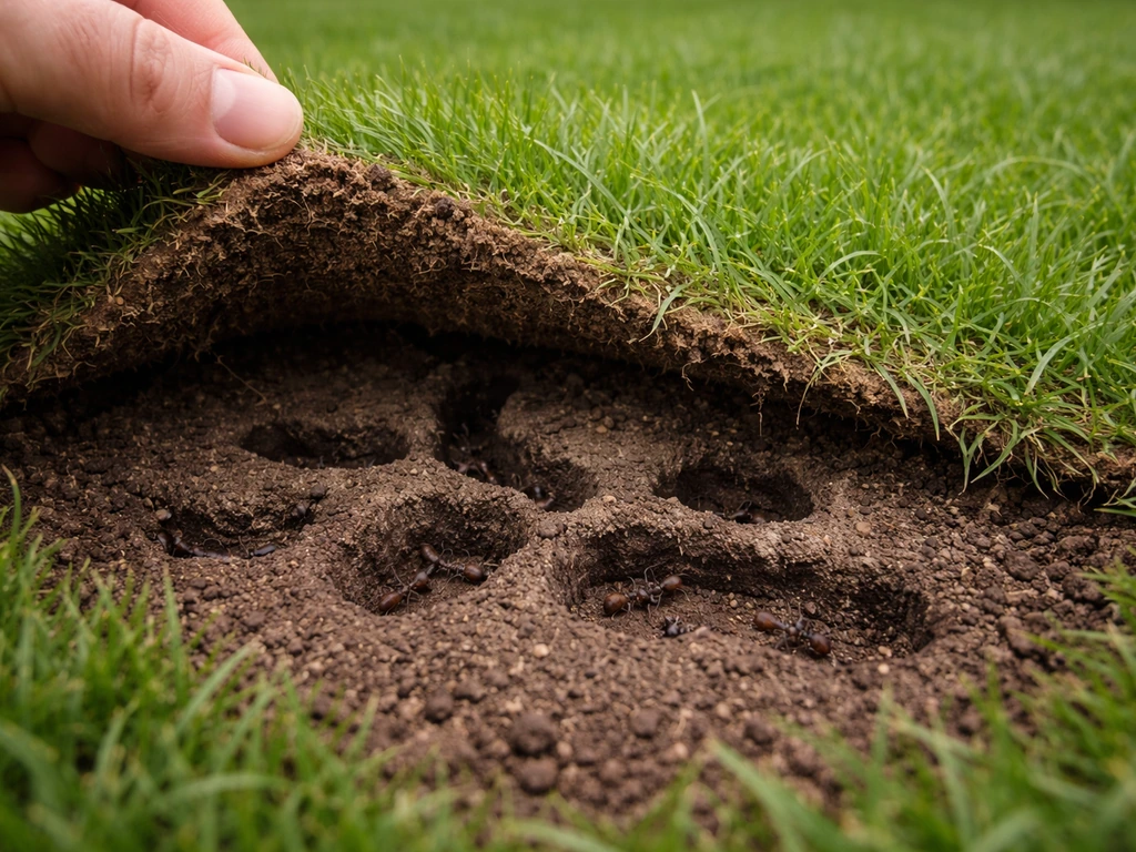 Grasmat licht opgetild; mieren-gangen zichtbaar onder intact gras in een rustige tuin