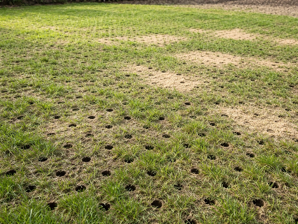 Belucht en topdressed gazon met zichtbaar losgemaakte grond en een dun laagje topdressing.
