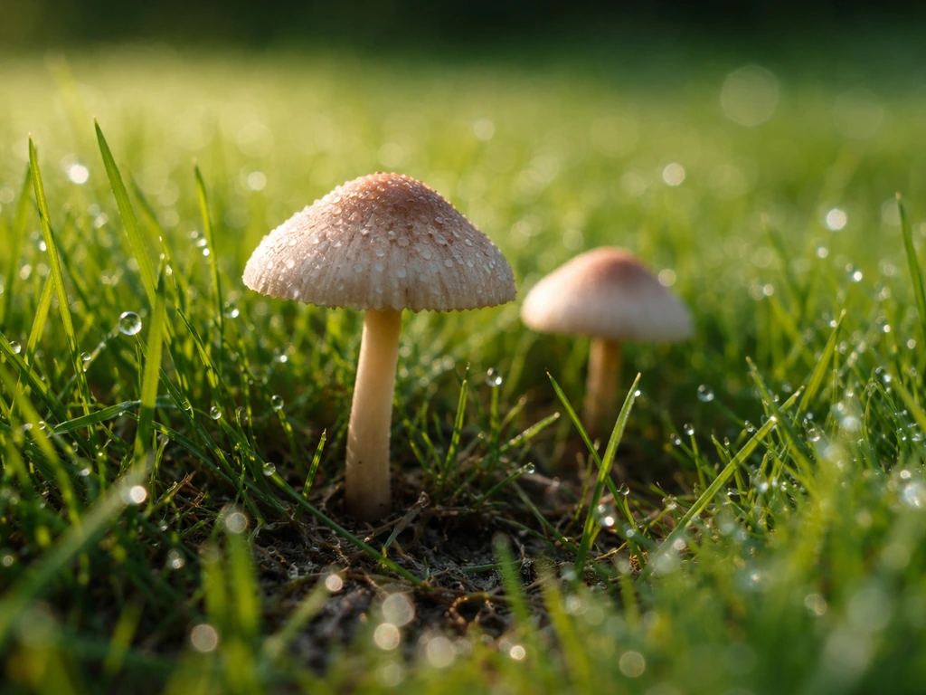 Vochtige paddenstoelen in dicht gras in een Nederlands tuin, met dauwdruppels en zachte onscherpe achtergrond.