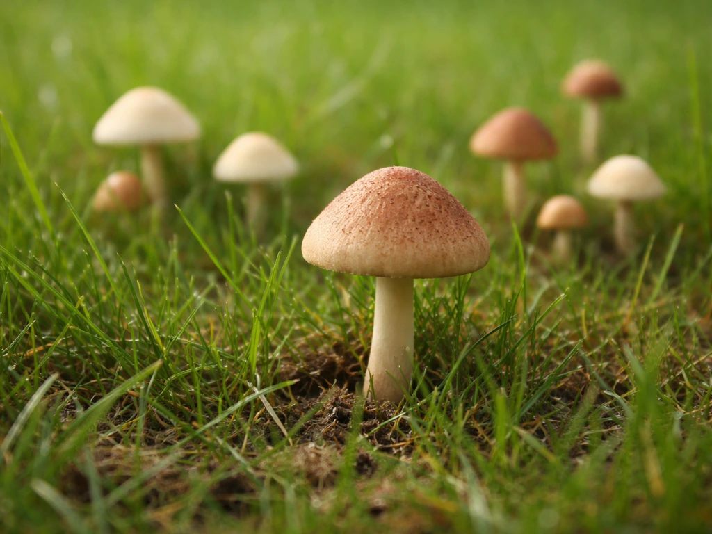 Close-up van verspreid groeiende kleine paddenstoelen tussen grassprieten in een gazon, zonder patroon.