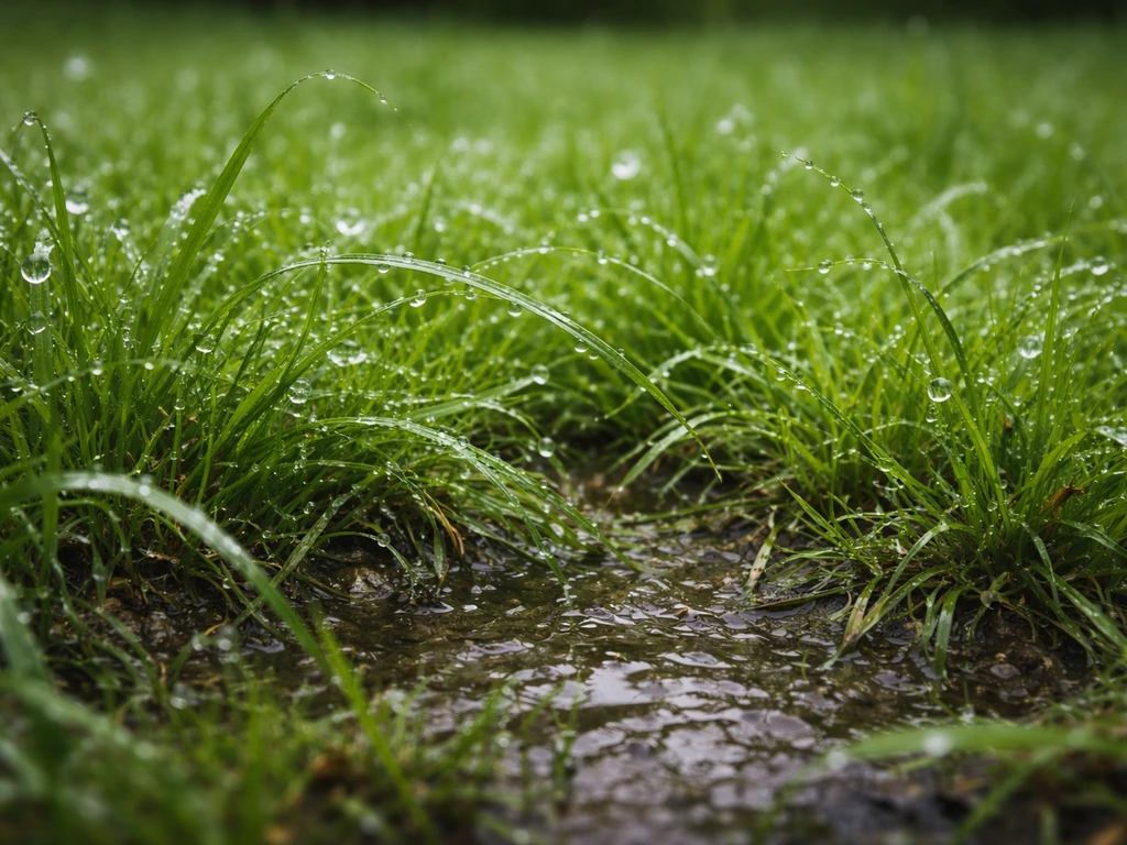 Vochtig gras met regendruppels en donkere, natte grond na warm-nat weer, zonder paddenstoelen.