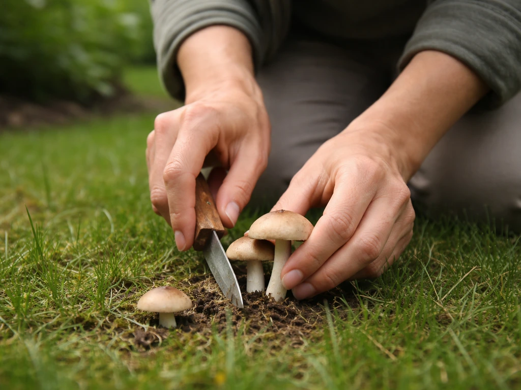 Anonieme knielende tuinier snijdt paddenstoelen heel laag af aan de basis op het gazon.