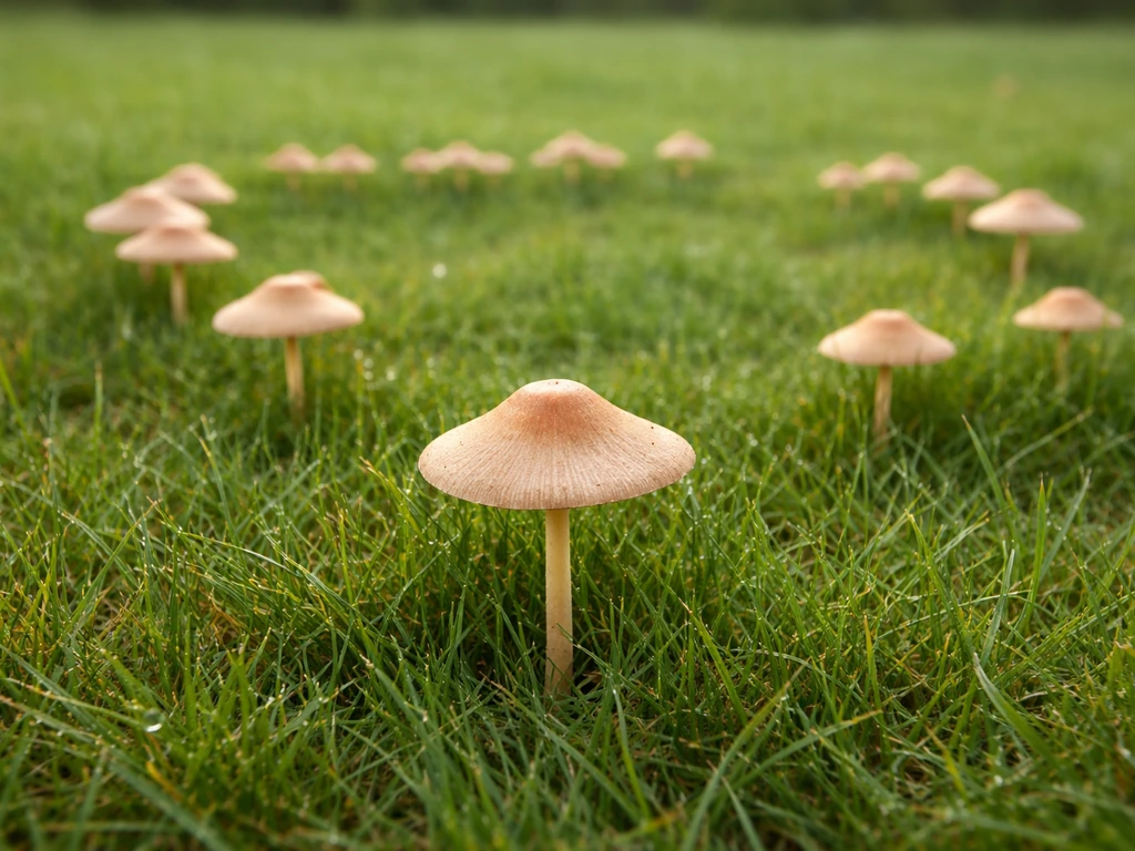 Close-up van weidekringzwammetjes (Marasmius oreades) in het gras met subtiele verspreiding/ringgevoel.