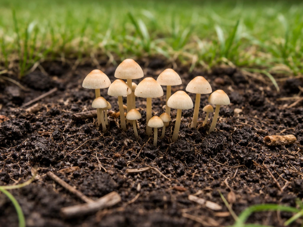 Kleine paddenstoelen spruiten uit dezelfde plek in vochtige tuingrond met verstopte organische resten.