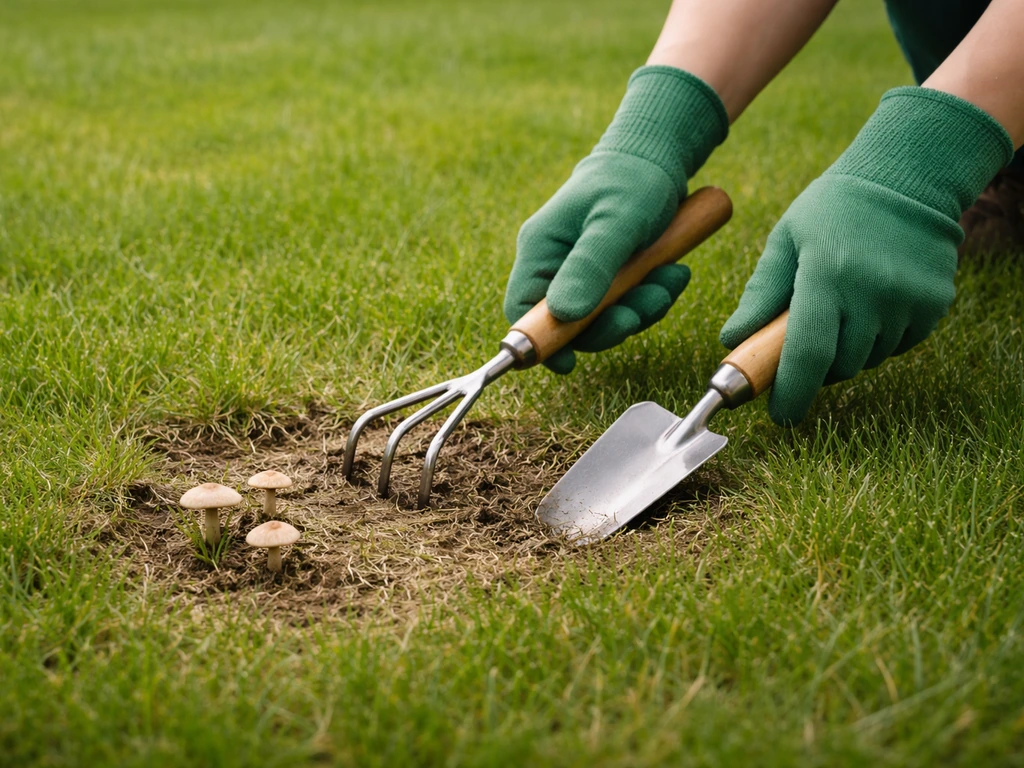 Anonieme tuinhanden met handschoenen en schop/hark inspecteren aangetast gras met paddenstoelen in de tuin.