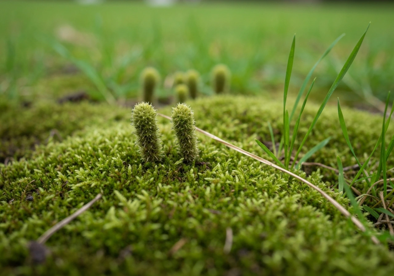 Close-up van mos tussen het gras in een Nederlands gazon, waar gras dunner is en mos een dicht tapijt vormt.