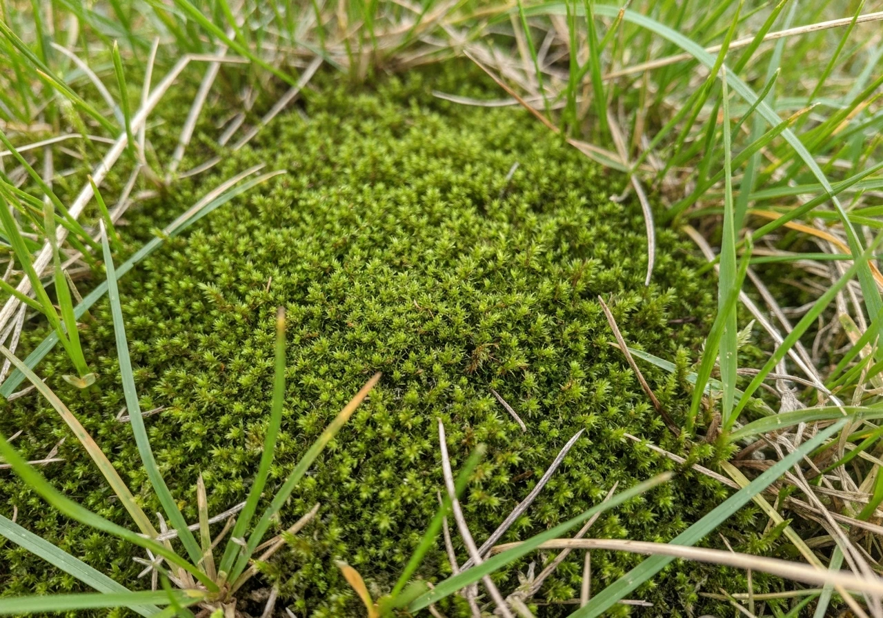 Close-up van geelgroen mos dat een dicht tapijt vormt in het gazon, met zichtbaar verschil met gras.