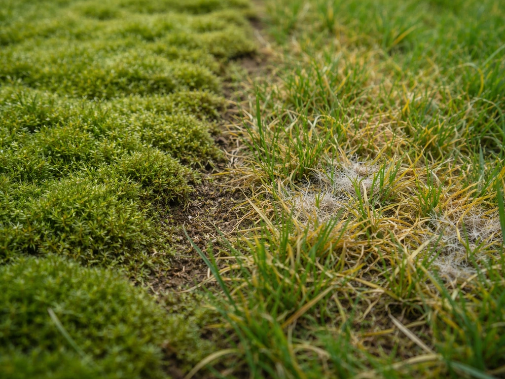 Close-up van gazon met gele/bruinige schimmelvlekken naast groen mos op de grond