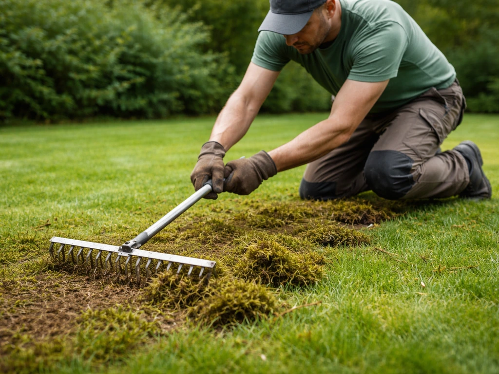 Tuinier trekt met een verticuteerhark door een mosrijk gazon; mos komt los en ligt naast het gras.