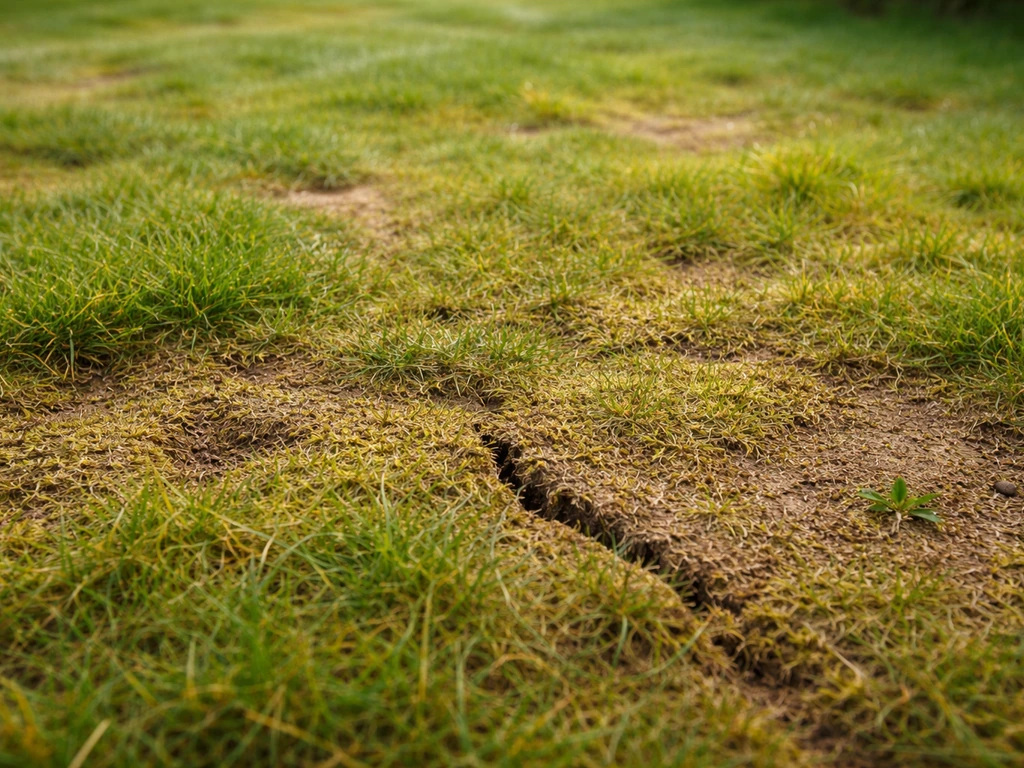 Ongelijk gazon met vlekken en mos/viltlaag, die wijzen op een ‘adder onder het gras’.