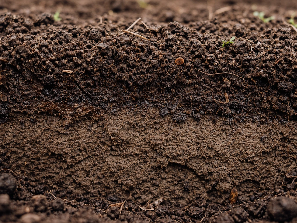 Close-up van open tuingrond met een compacte, dichte laag onder losser bovenste grond, met zichtbare vochtigheid.